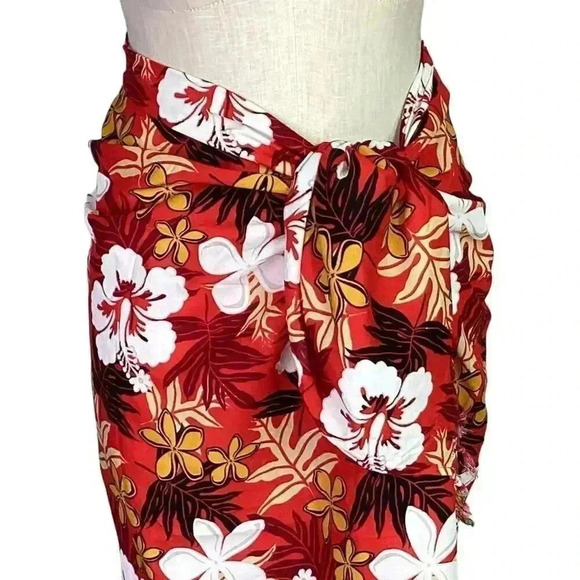 Vintage HIBISCUS COLLECTION HAWAII Wrap Scarf Sarong Red Floral Fringe Beach - Picture 6 of 7